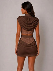 Draped High Neckline Lace Detail Top & Skirt Co-Ord