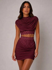 Draped High Neckline Lace Detail Top & Skirt Co-Ord