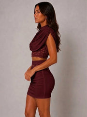 Draped High Neckline Lace Detail Top & Skirt Co-Ord