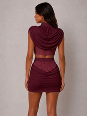 Draped High Neckline Lace Detail Top & Skirt Co-Ord