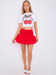 Shirred High Waist Puffball Mini Skirt