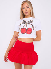 Shirred High Waist Puffball Mini Skirt