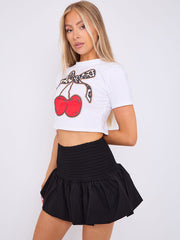 Shirred High Waist Puffball Mini Skirt