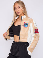 Colour Block Embroidered Vintage PU Biker Jacket
