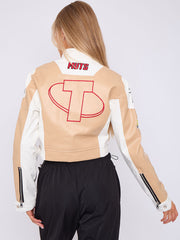 Colour Block Embroidered Vintage PU Biker Jacket