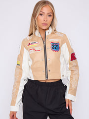 Colour Block Embroidered Vintage PU Biker Jacket