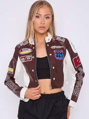 Colour Block Embroidered Vintage PU Biker Jacket