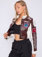Colour Block Embroidered Vintage PU Biker Jacket