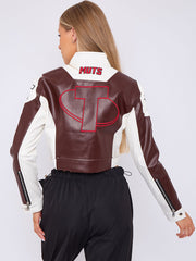Colour Block Embroidered Vintage PU Biker Jacket