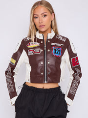 Colour Block Embroidered Vintage PU Biker Jacket