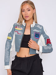Colour Block Embroidered Vintage PU Biker Jacket