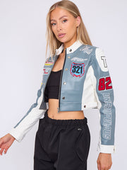 Colour Block Embroidered Vintage PU Biker Jacket