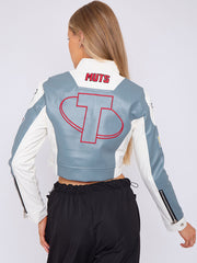 Colour Block Embroidered Vintage PU Biker Jacket