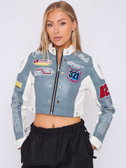 Colour Block Embroidered Vintage PU Biker Jacket