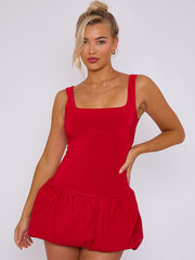 Square Neck Puffed Hem Mini Balloon Dress