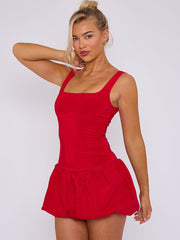Square Neck Puffed Hem Mini Balloon Dress
