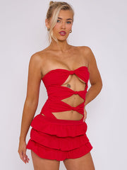 Ruffle Skirt Skort & Cut Out Knot Front Bandeau Bodysuit Co-ord