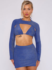 Lurex 3 Piece Crop Tops & Skirt Co-ord - Royal Blue