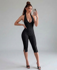 Halter Neck Lace Capri Jumpsuit