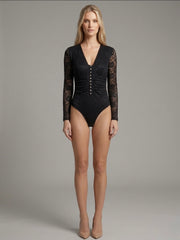 Long Sleeves Crochet Lace Lined Bodysuit