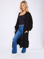 Frill Hem Balloon Sleeves Knitted Open Cardigan