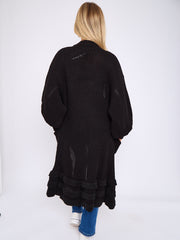 Frill Hem Balloon Sleeves Knitted Open Cardigan