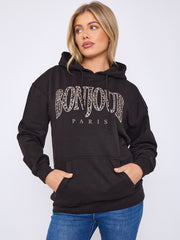 Bonjour Leopard Print Graphic Hoodie
