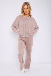 Acid Wash Oversized Bomber Style Fleece Zipper Co-ord - Dove Grey