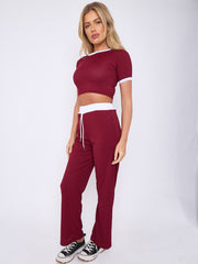 Contrast Trim Ribbed Crop Top & Wide Leg Trouser Co-ord