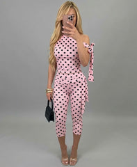 Polka Dot Tie Drop Shoulder Top and 3/4 Legging Co-ord