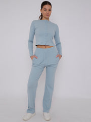 Ribbed Front Button Detail Top & Wide Leg Trouser Co-ord