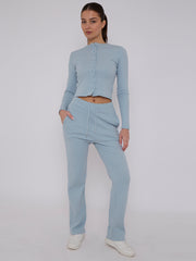 Ribbed Front Button Detail Top & Wide Leg Trouser Co-ord