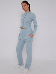 Ribbed Front Button Detail Top & Wide Leg Trouser Co-ord