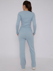 Ribbed Front Button Detail Top & Wide Leg Trouser Co-ord