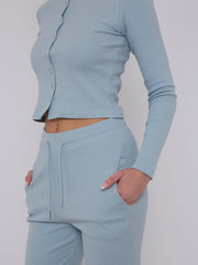 Ribbed Front Button Detail Top & Wide Leg Trouser Co-ord