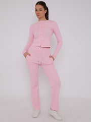 Ribbed Front Button Detail Top & Wide Leg Trouser Co-ord