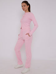Ribbed Front Button Detail Top & Wide Leg Trouser Co-ord
