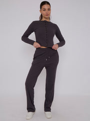 Ribbed Front Button Detail Top & Wide Leg Trouser Co-ord