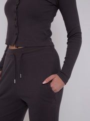 Ribbed Front Button Detail Top & Wide Leg Trouser Co-ord