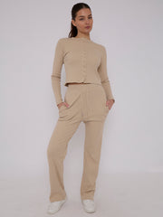 Ribbed Front Button Detail Top & Wide Leg Trouser Co-ord