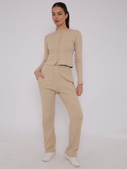Ribbed Front Button Detail Top & Wide Leg Trouser Co-ord