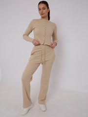 Ribbed Front Button Detail Top & Wide Leg Trouser Co-ord