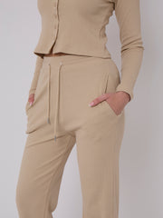 Ribbed Front Button Detail Top & Wide Leg Trouser Co-ord