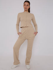 Ribbed Front Button Detail Top & Wide Leg Trouser Co-ord
