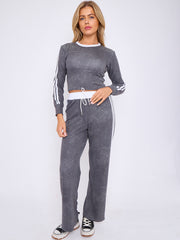 Acid Wash Ribbed Crop Top &amp; Trouser Co-ord With Stripe Detail