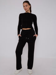 Ribbed Front Button Detail Top & Wide Leg Trouser Co-ord