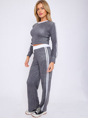 Acid Wash Ribbed Crop Top &amp; Trouser Co-ord With Stripe Detail