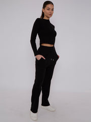 Ribbed Front Button Detail Top & Wide Leg Trouser Co-ord