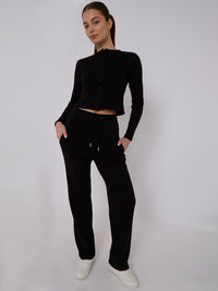 Ribbed Front Button Detail Top & Wide Leg Trouser Co-ord - Black