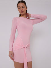 Long Sleeve Knot Front Slinky Dress